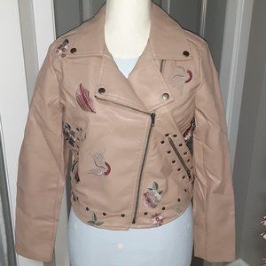 Women's XOXO Moto Jacket with Embroidery Size Large NWT $109.00.